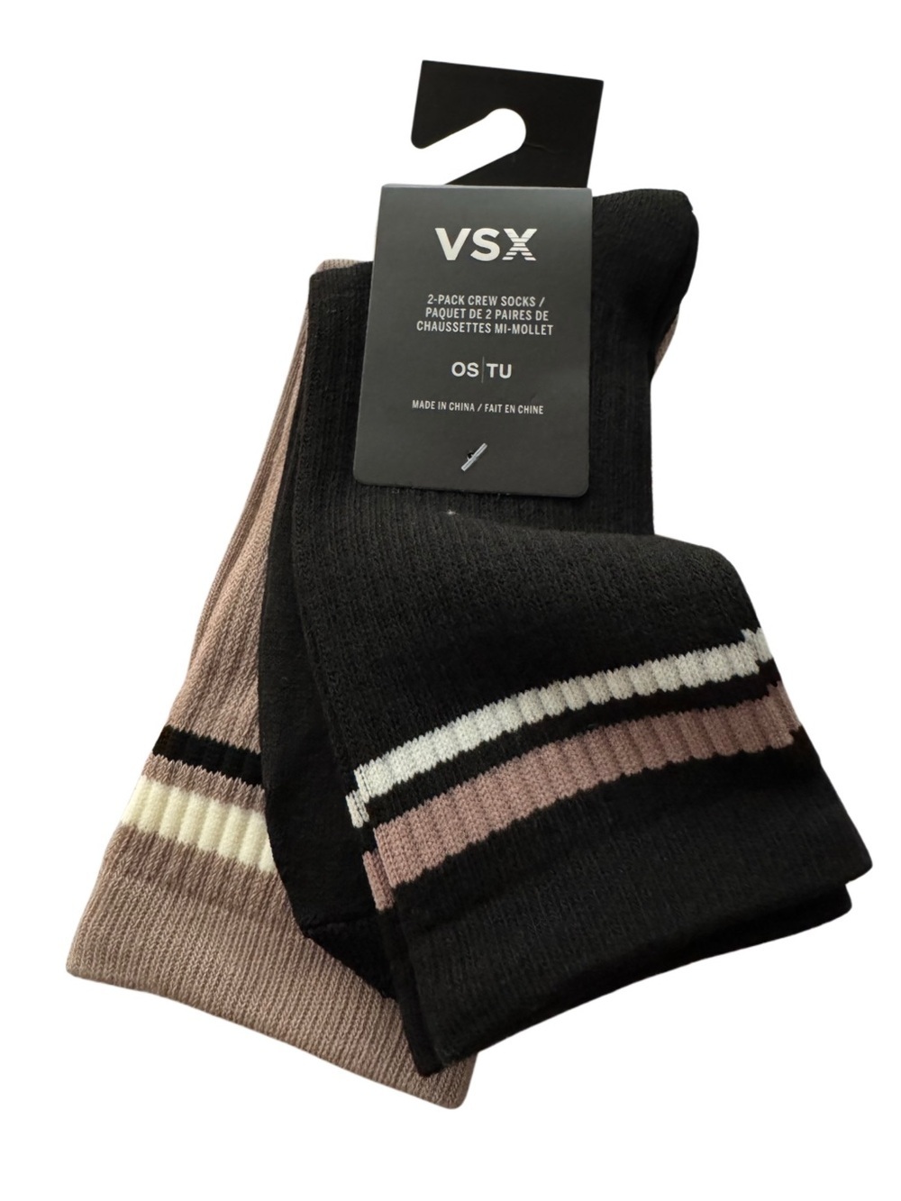 VSX 2-Pack Crew Mid-Calf Active Socks Black Taupe Tan White Contrast Stripe O/S